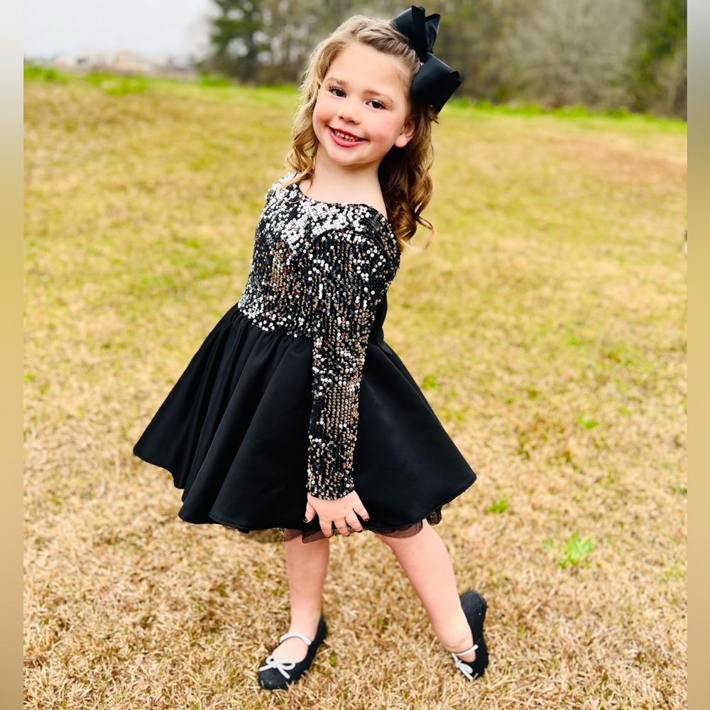 Girls Princess Black Dress Black and Silver Sequin Bow